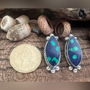 Large Taxco Mexico Sterling Silver Earrings Stud Azurite Malachite Clip Ons 4 cm